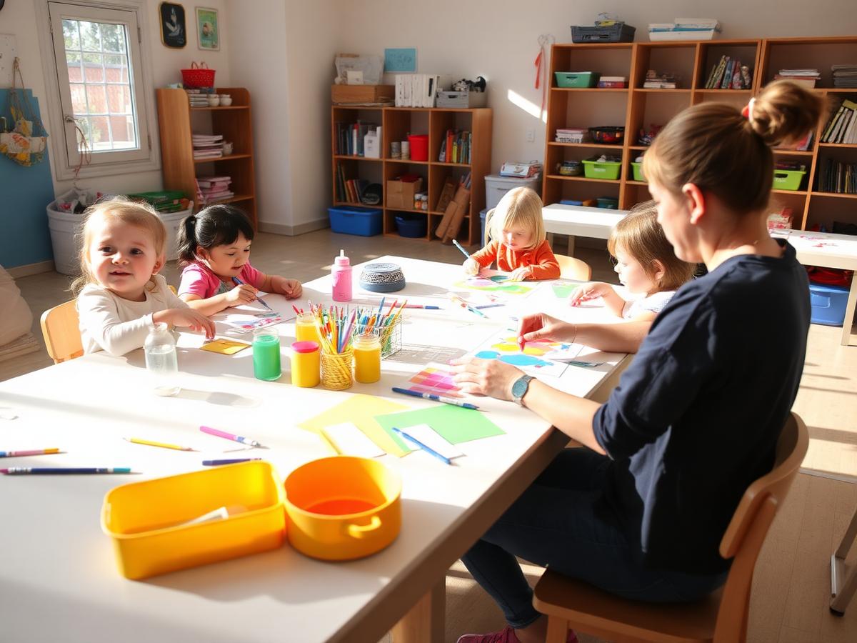 Crianças em atividade criativa acompanhadas por uma educadora (imagem temporária)
