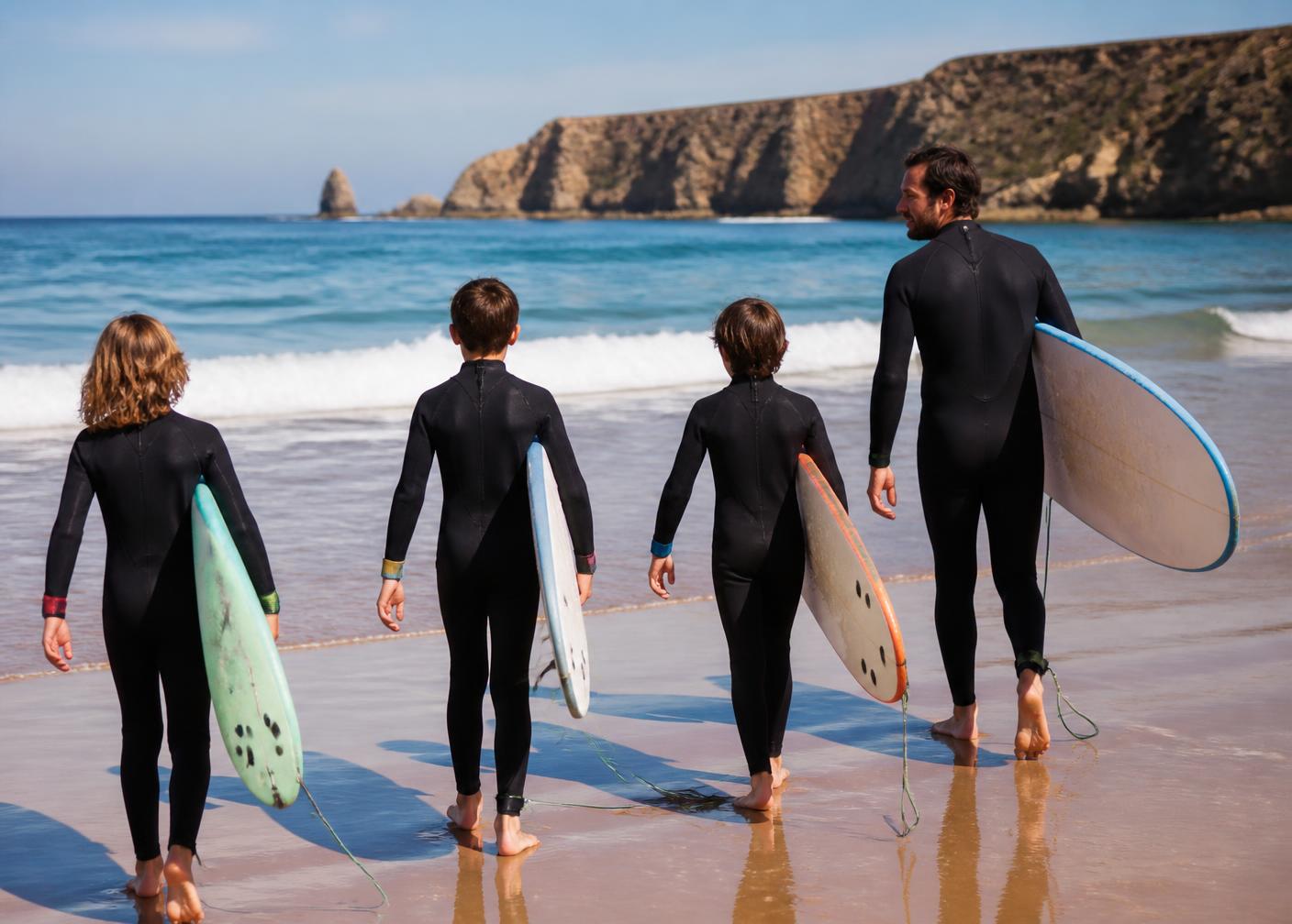 Grupo de crianças a caminhar para o mar com pranchas de surf e um instrutor (imagem temporária)